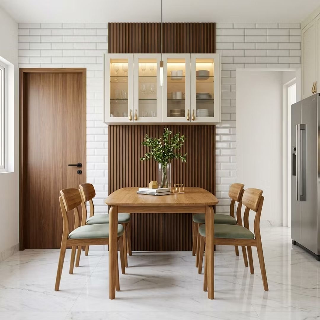 Scandinavian Brown Fluted Slat and Tile Wall Design with Glass Case