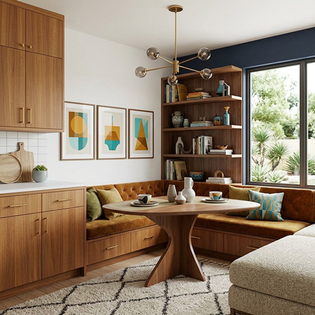 Mid-Century Modern Dining Room Design with Orange Velvet Banquette