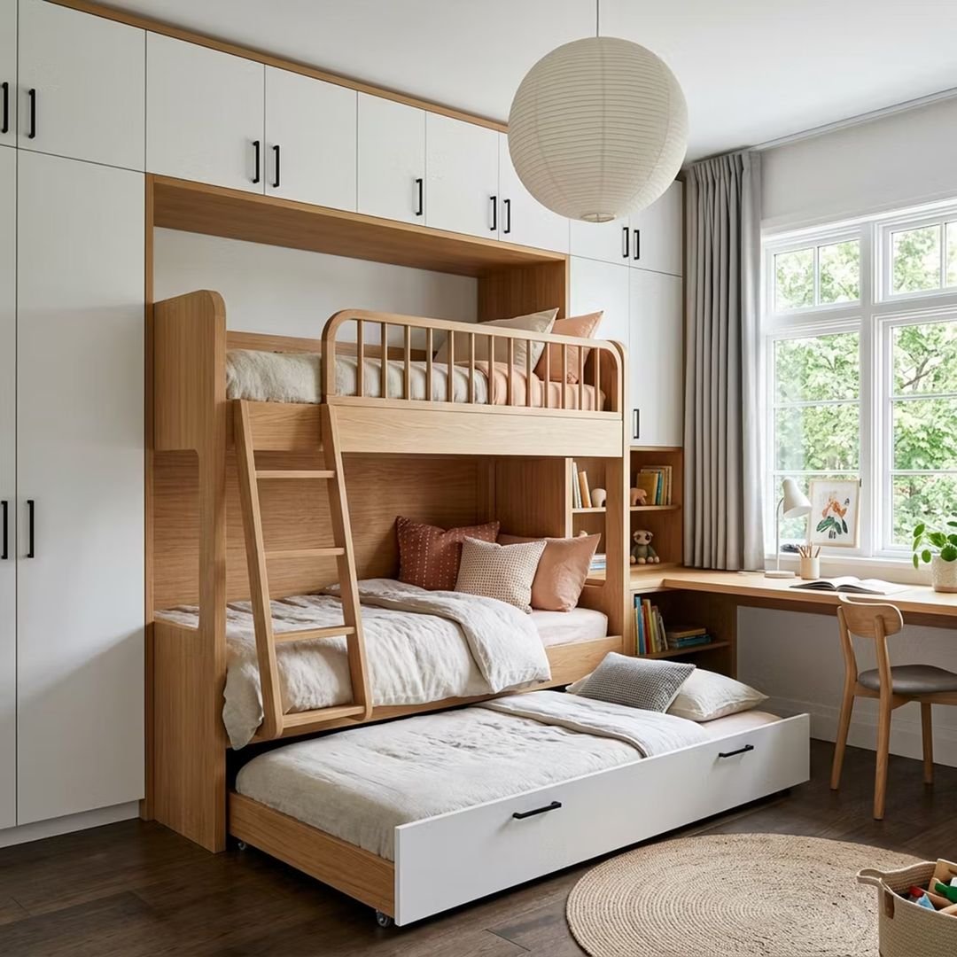 Scandinavian Kids Bedroom with Built-in Oak Bunk Bed and Trundle