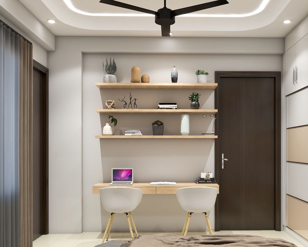 Scandinavian Study Room Design With Open Floating Racks
