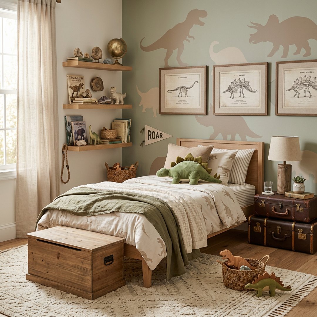 Modern Kids Bedroom Design with Sage Green Dinosaur Accent Wall