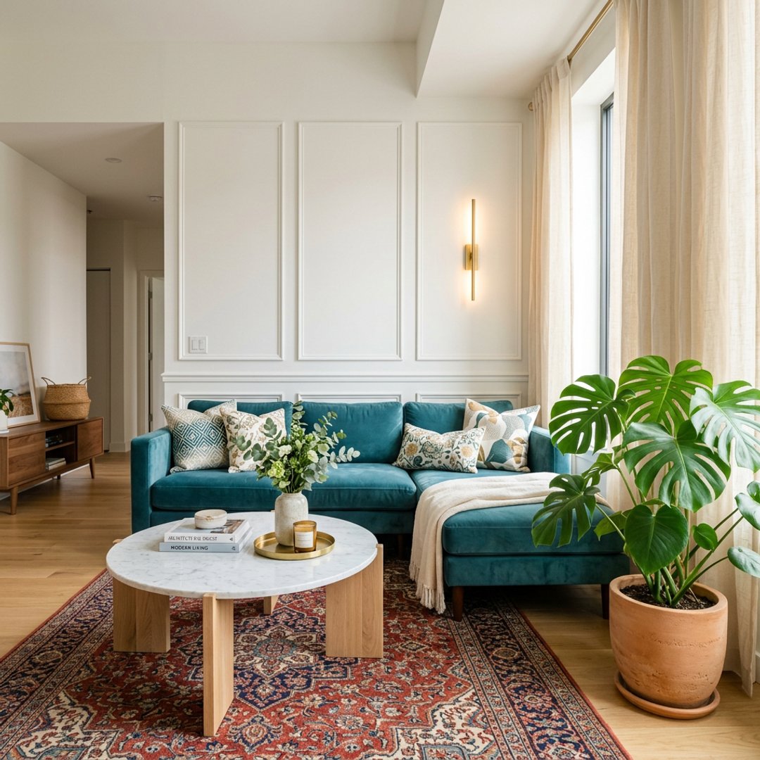 Modern Living Room Design with Marble Coffee Table and Console