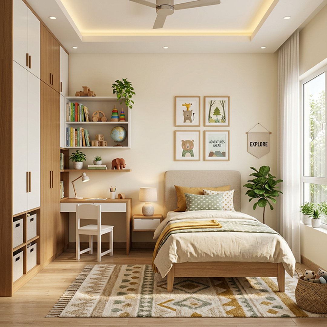 Scandinavian Kids Bedroom with Adventure Gallery Wall and Study Nook