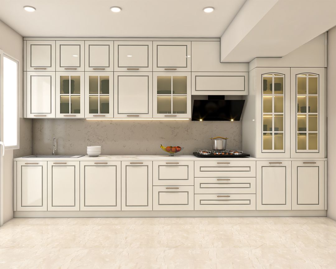Classic White Open Kitchen Design with Glass Units