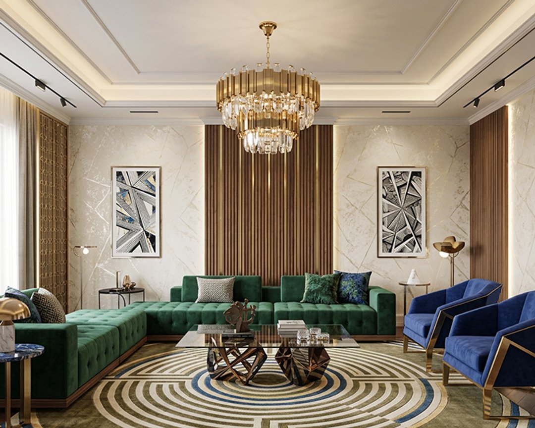 Art Deco Marble Living Room Wall Design with Wooden Fluted Panels