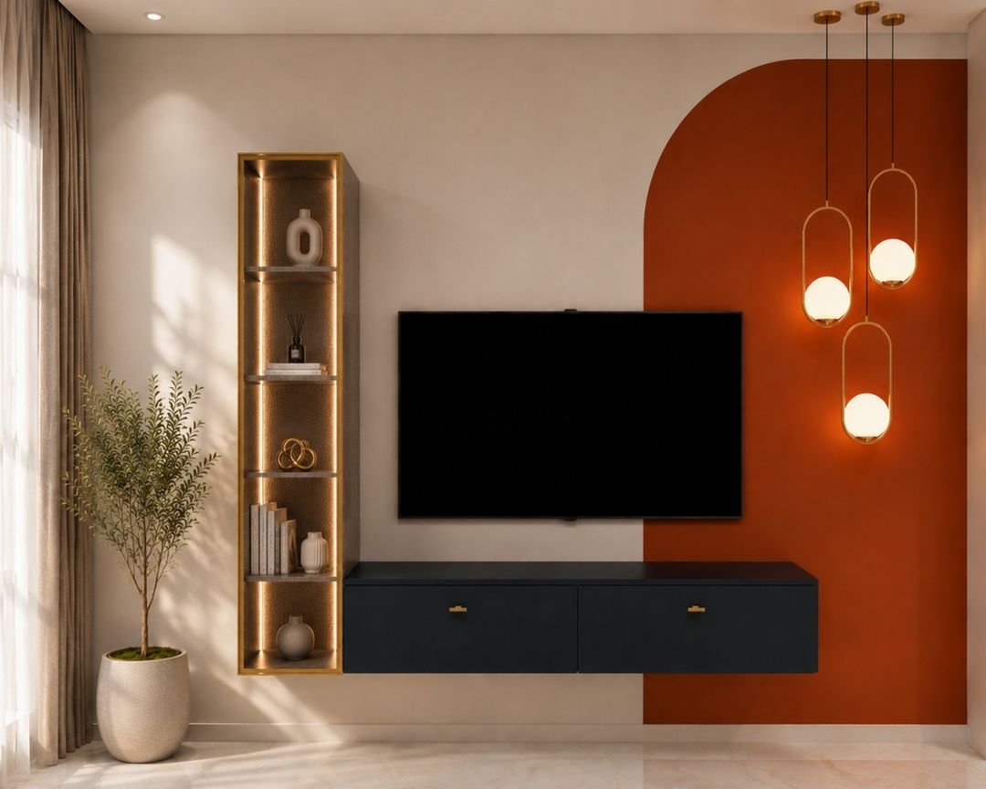 Contemporary Blue TV Unit Design with Terracotta Arch Feature Wall