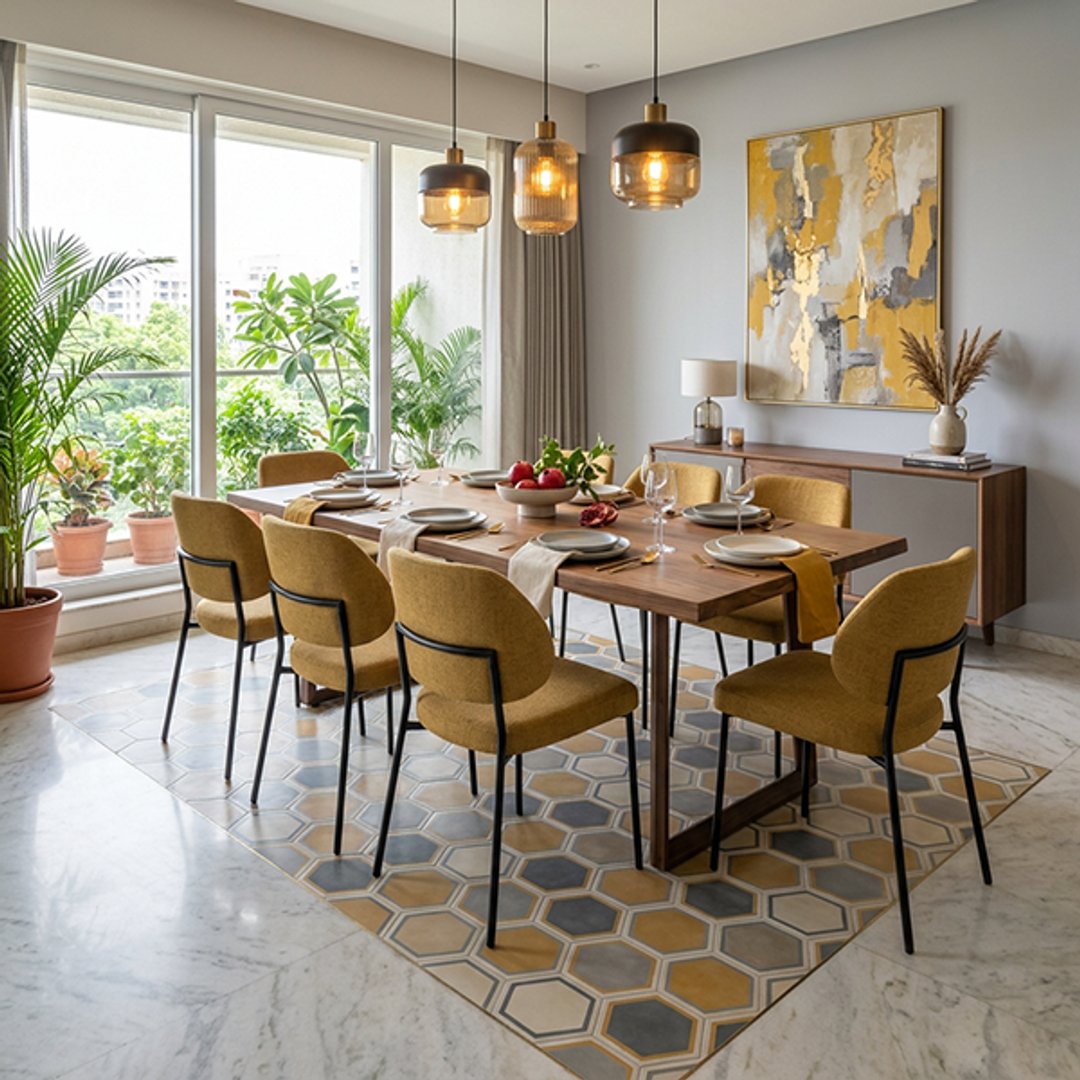 Contemporary Dining Room Design with Yellow Upholstered Chairs