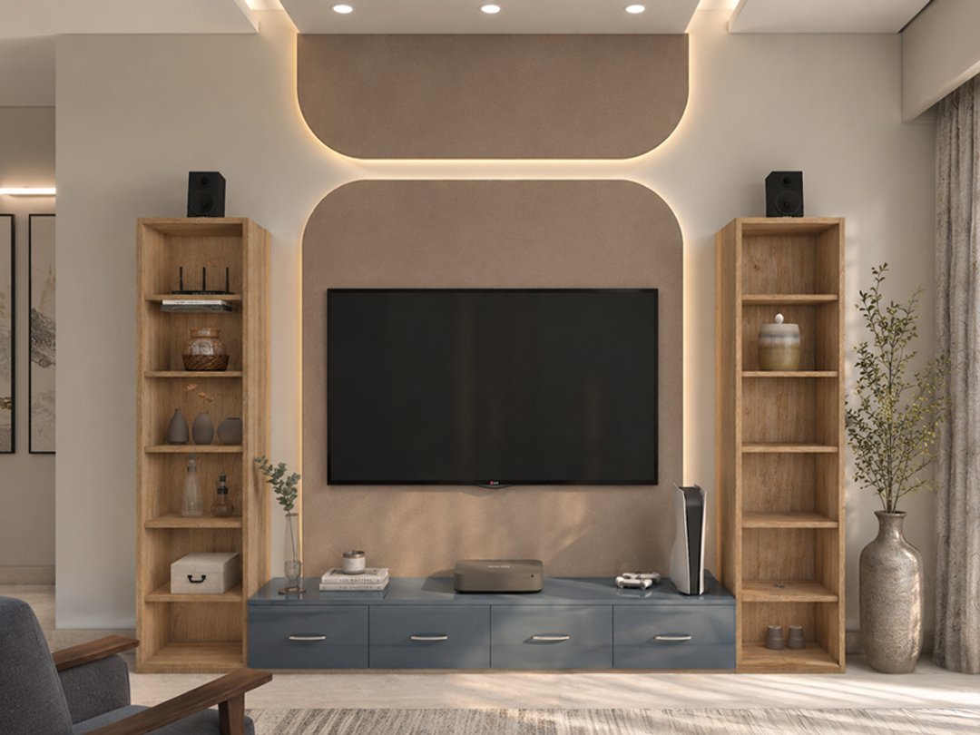 Contemporary Blue TV Unit Design with Twin Bookshelf Towers and Backlit Panel