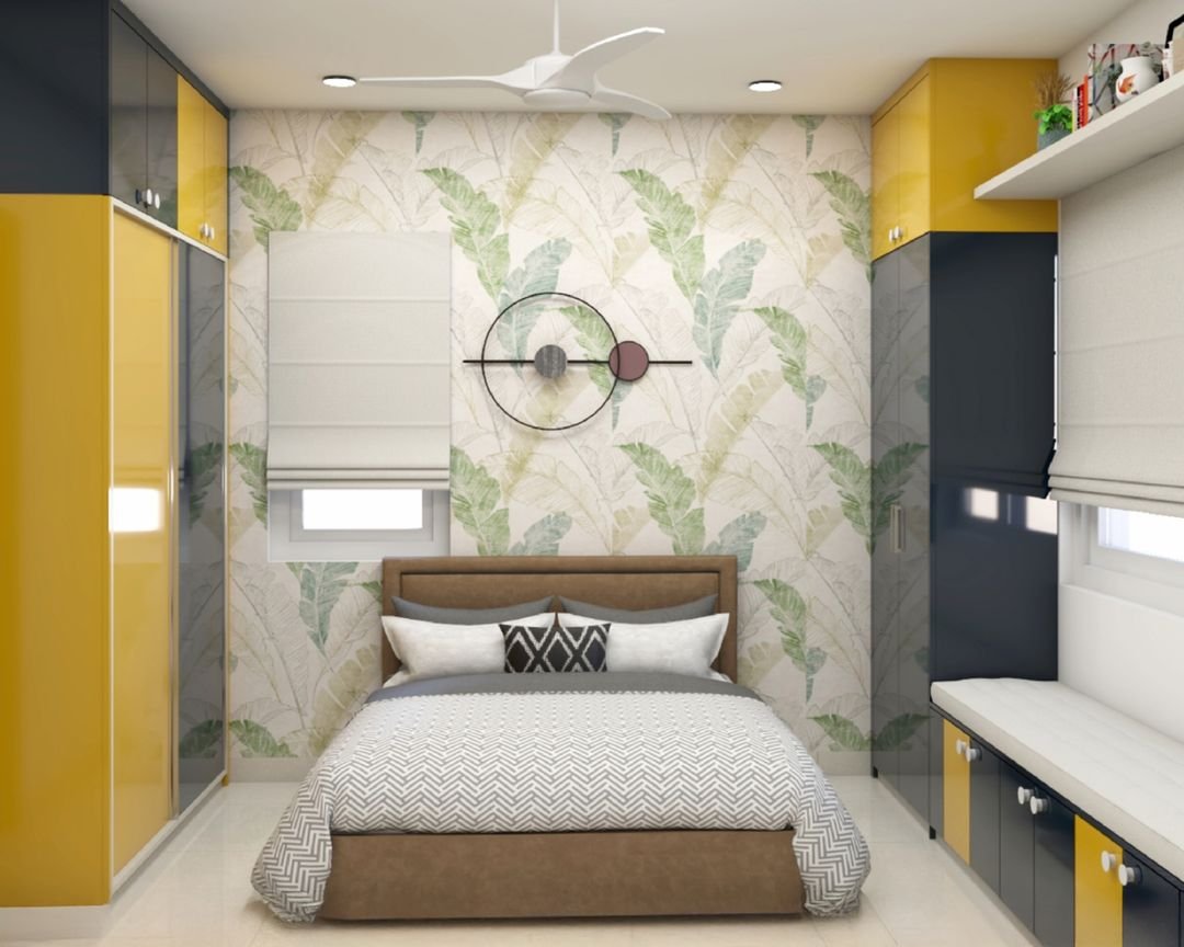 Tropical Kids Bedroom with Modular Storage and Botanical Wallpaper