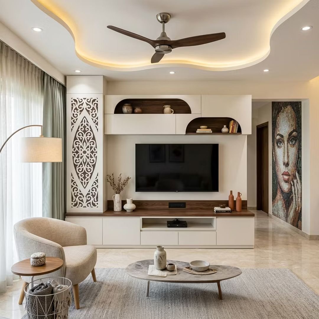 Contemporary Single Layer Gypsum False Ceiling Design with Curvilinear Wavy Profile and Cove Lighting