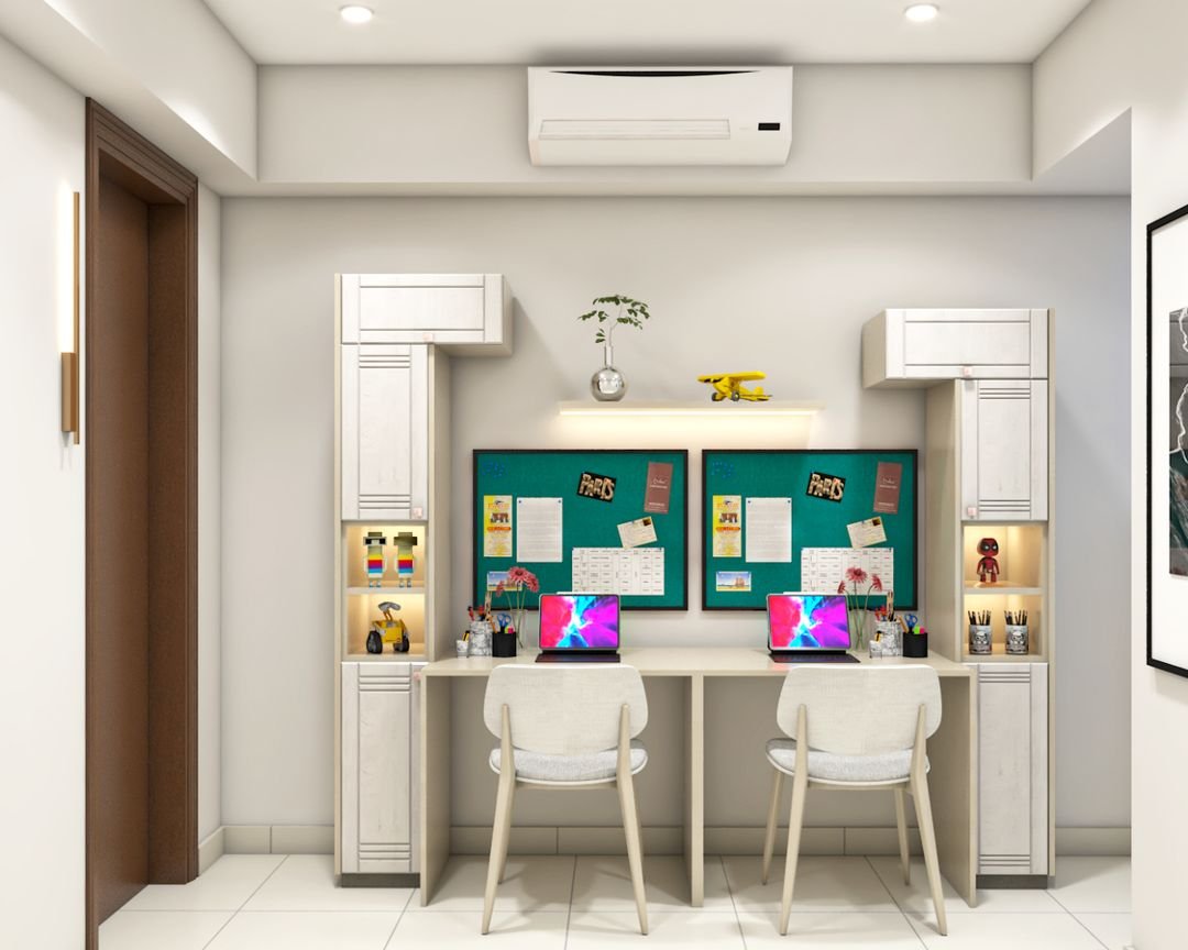 Modern Como White And Frosty White Study Room Design With Open Floating Shelf