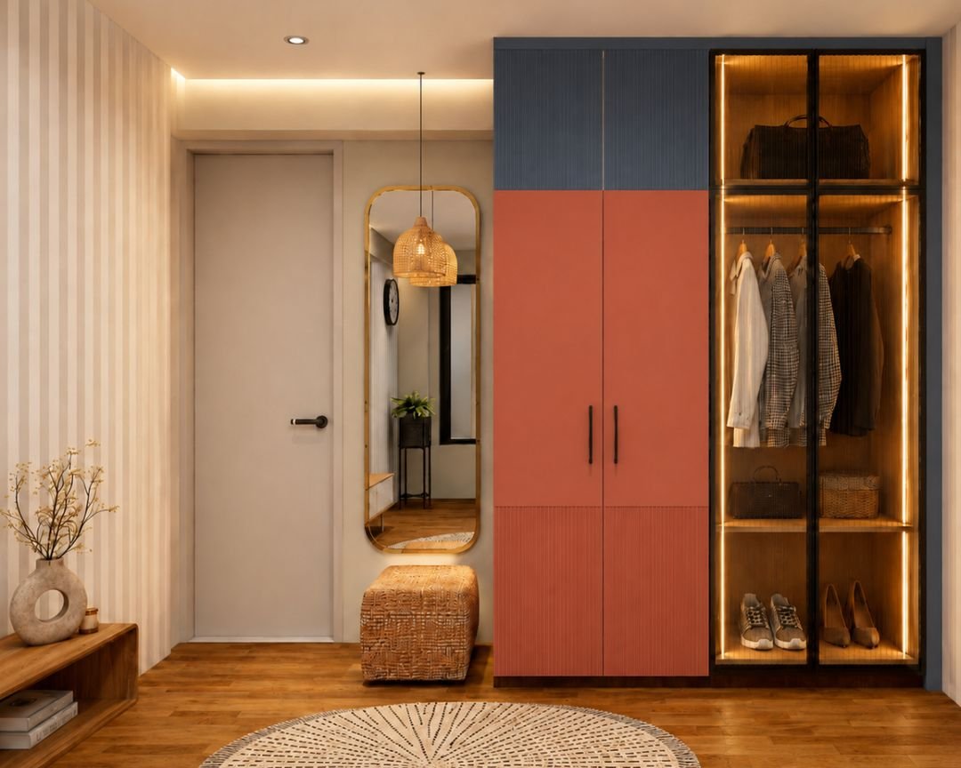 Modern Ceramic Red Swing Wardrobe Design with Glass LED Display