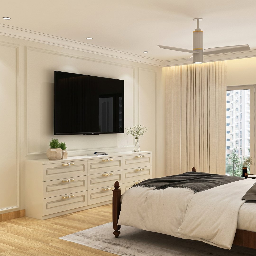 Classic Ivory TV Unit Design with 9 Drawers and Picture Frame Wainscoting