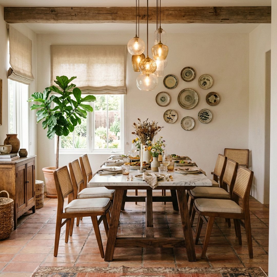 Classic Dining Room Design with Marble Trestle Table and Cane Chairs