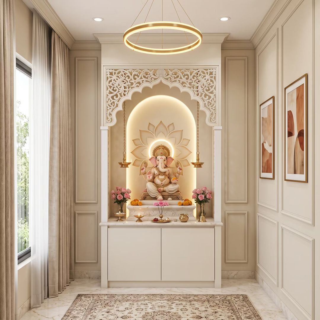 White Pooja Design with Golden Lotus Wall Backdrop