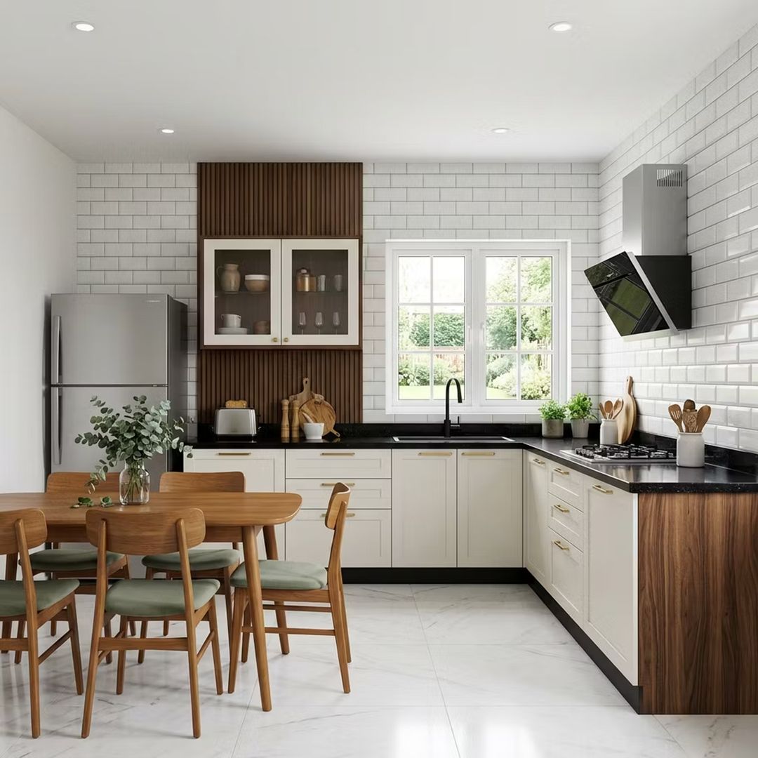 Transitional L-Shaped Off-White Kitchen Design