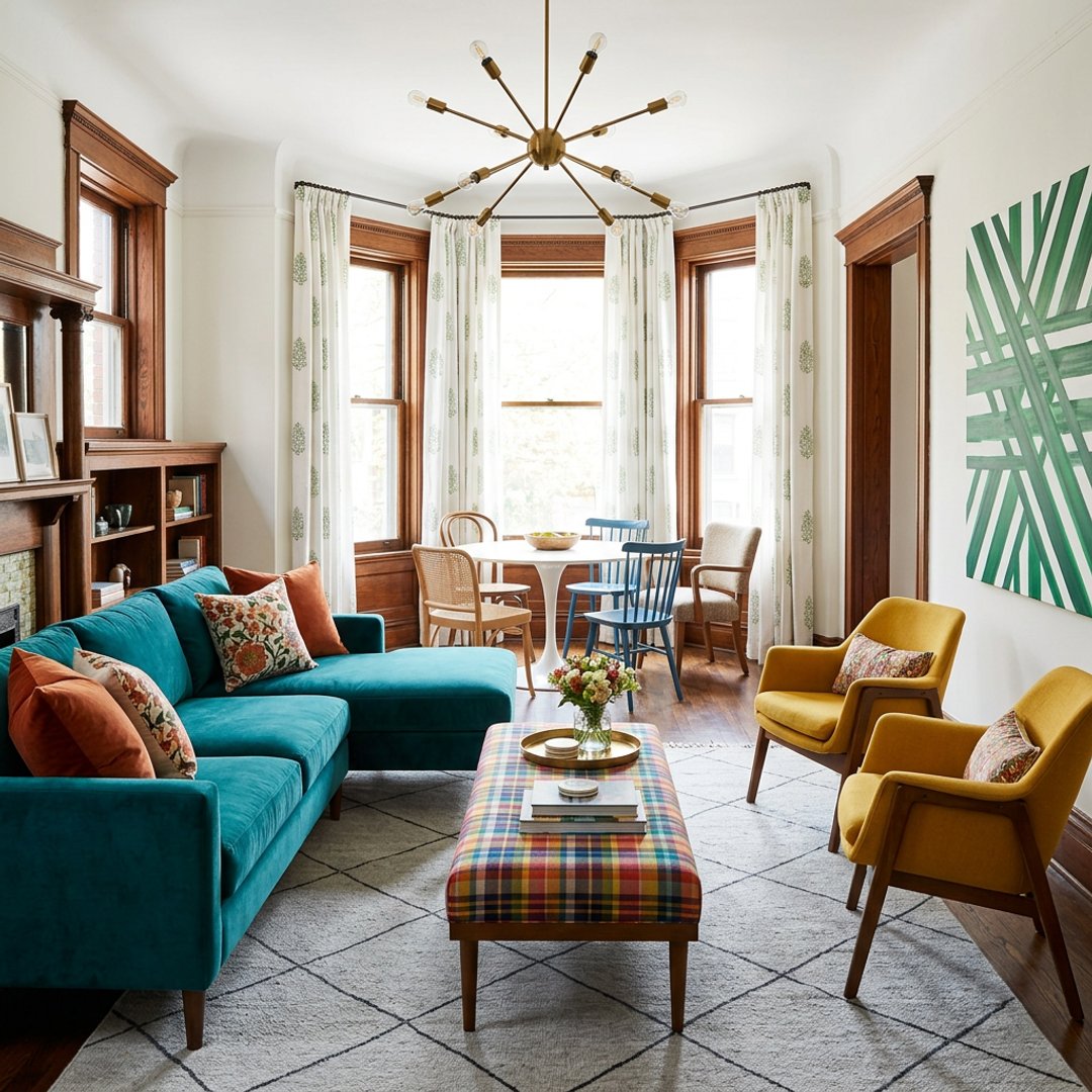Modern Living Room Design with Yellow Armchairs and Chandelier