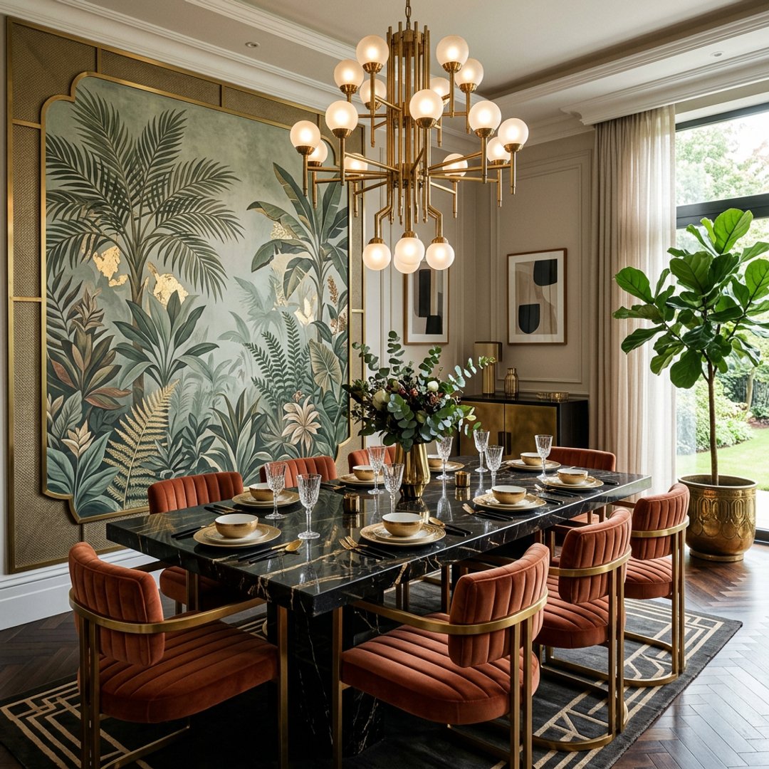 Modern Dining Room Design with Framed Botanical Jungle Mural Wall