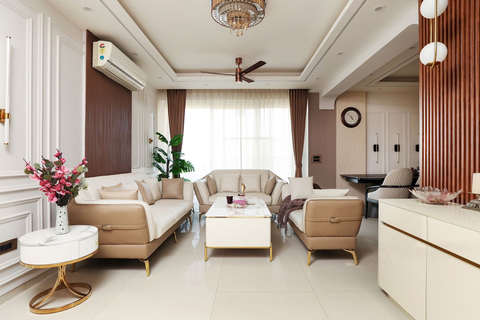Living Room Design with Cream and Brown Sofas and Brown Wall Louvers
