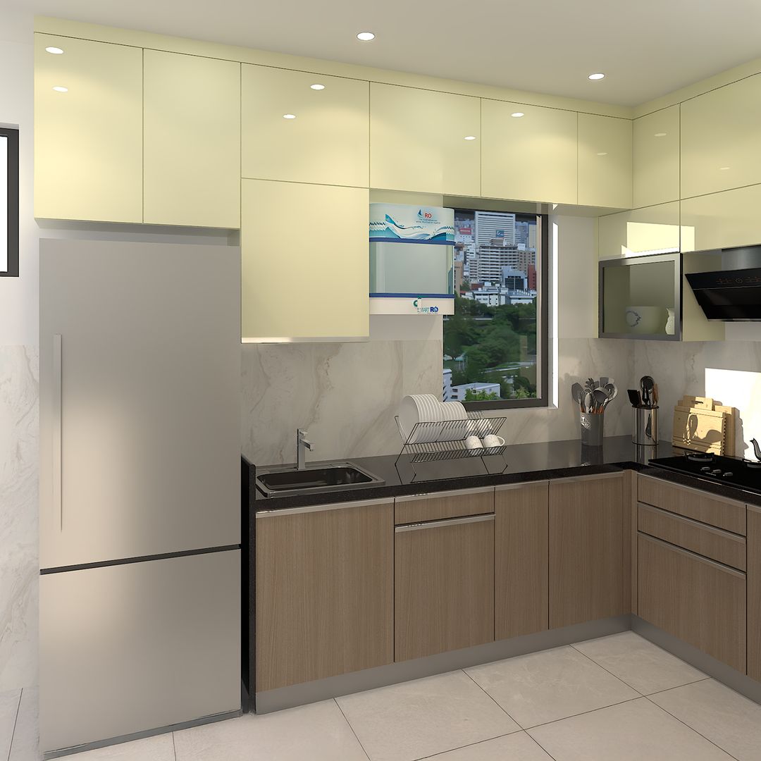 Modern L-Shaped Kitchen Design in White and Walnut