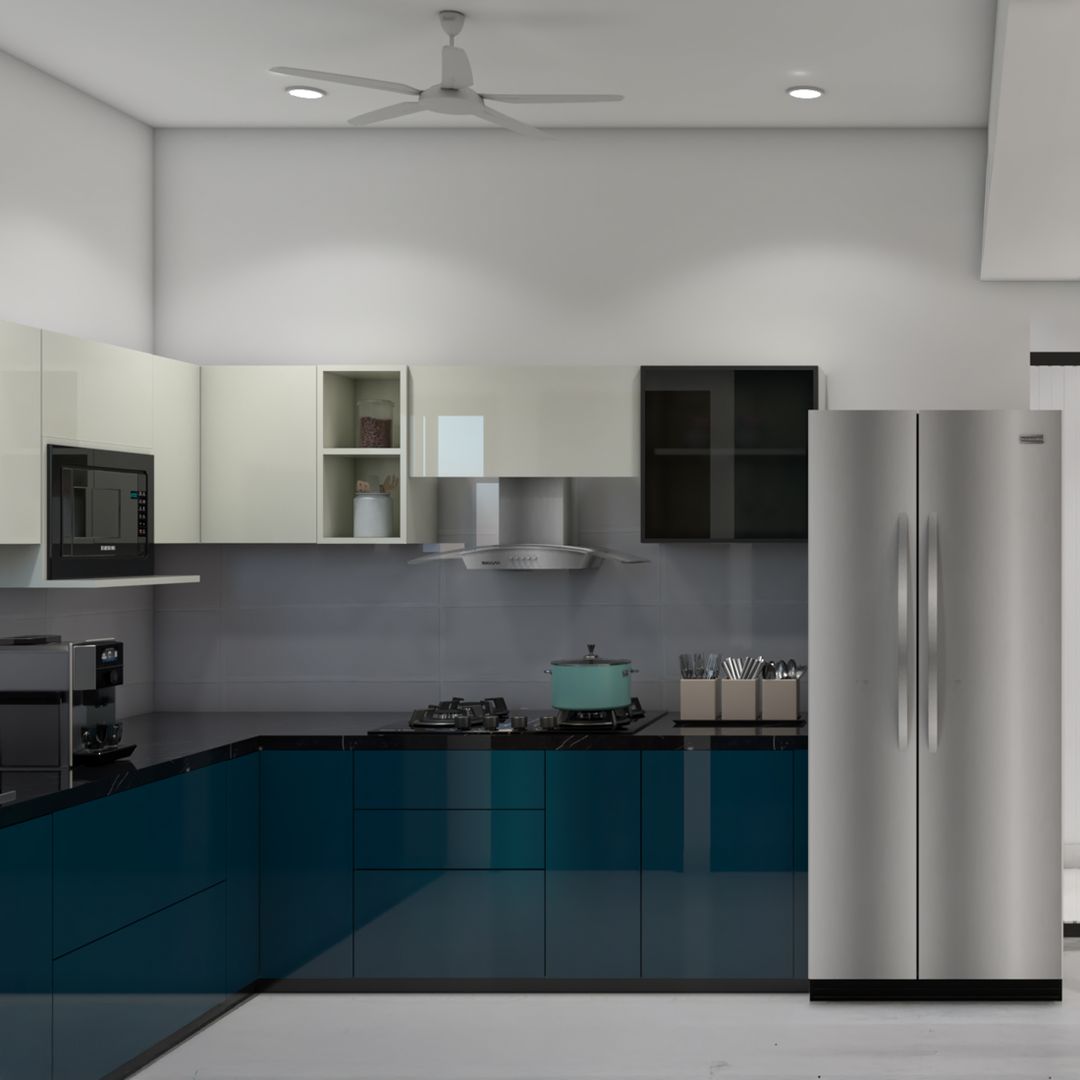 Modern L-Shaped Kitchen Design in Blue and White