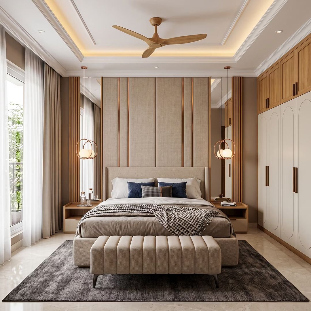 Classic Upholstered Wall Design flanked by Mirrors and Fluted Teak Louvers