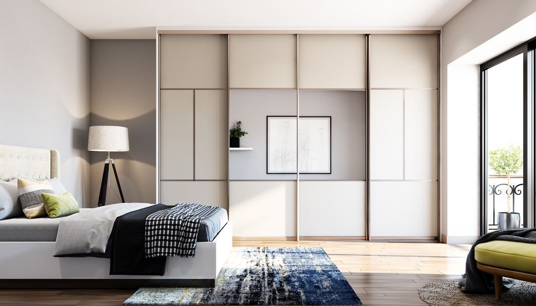 Minimal Sliding Wardrobe Design with Champagne Three Tone Matte Grid Panels