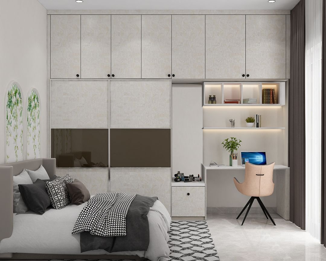 Modern Handspun Cambric Sliding Wardrobe Design with Vanity Unit and Study Desk