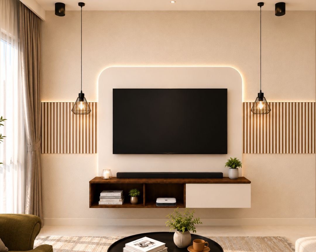 Modern White TV Unit Design with Slatted Wood Panels and Pendant Lights