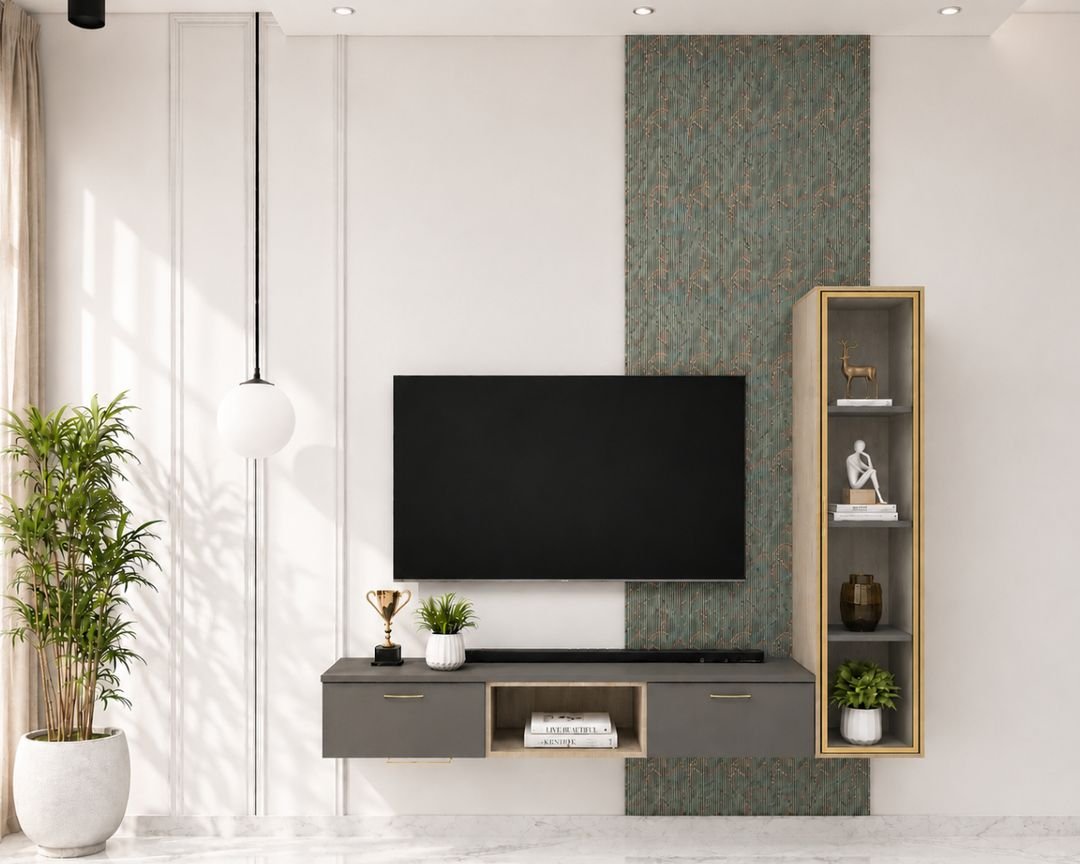 Modern Grey TV Unit Design with Gold-Framed Glass Display Cabinet