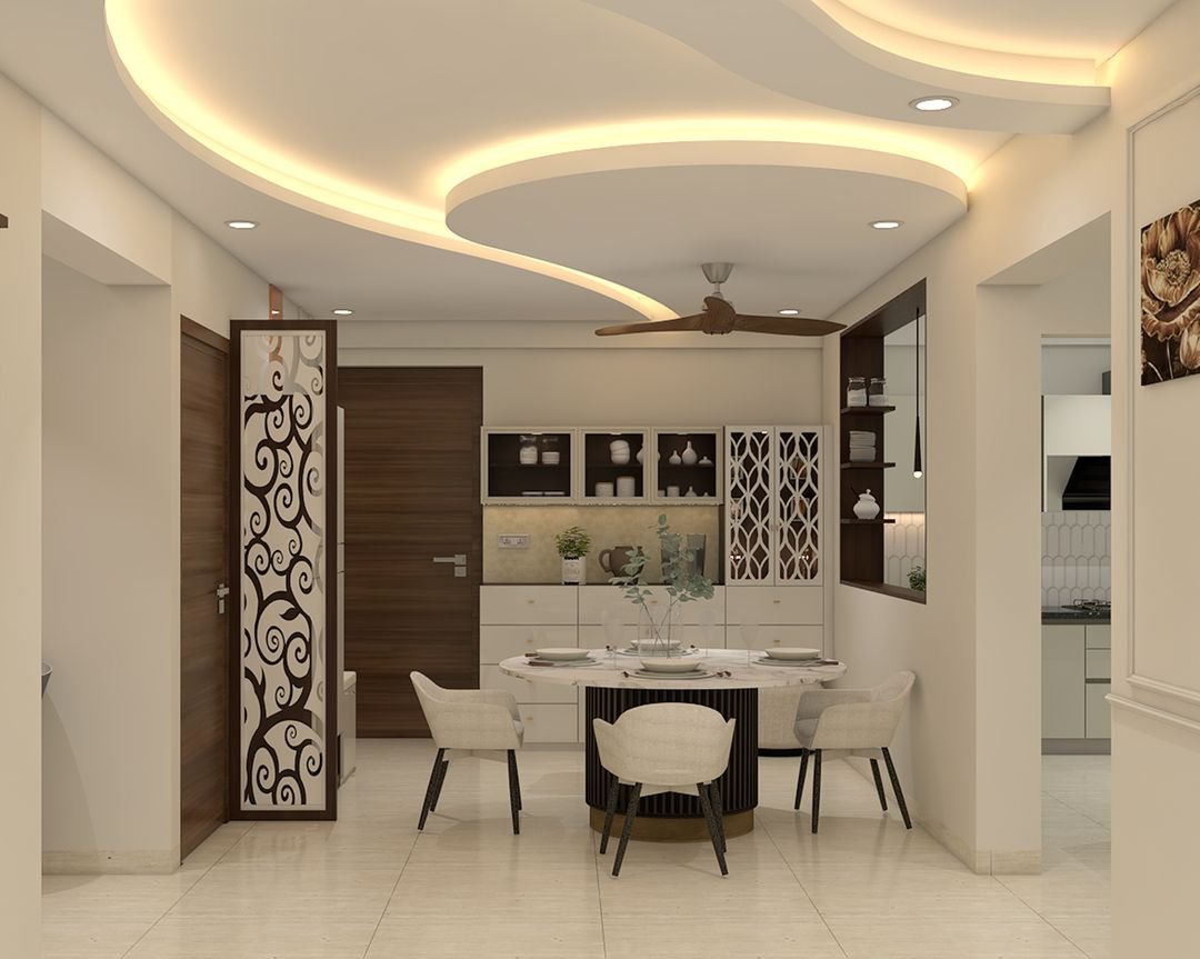 Contemporary Dining Room Design with Marble Table and Jali Storage