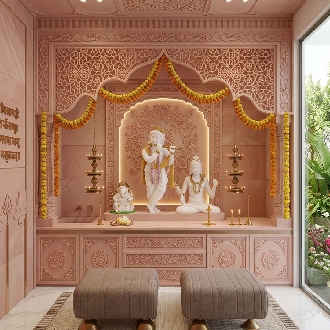 Indian Traditional Pooja Design with Blush Pink CNC Carved Marble Walls