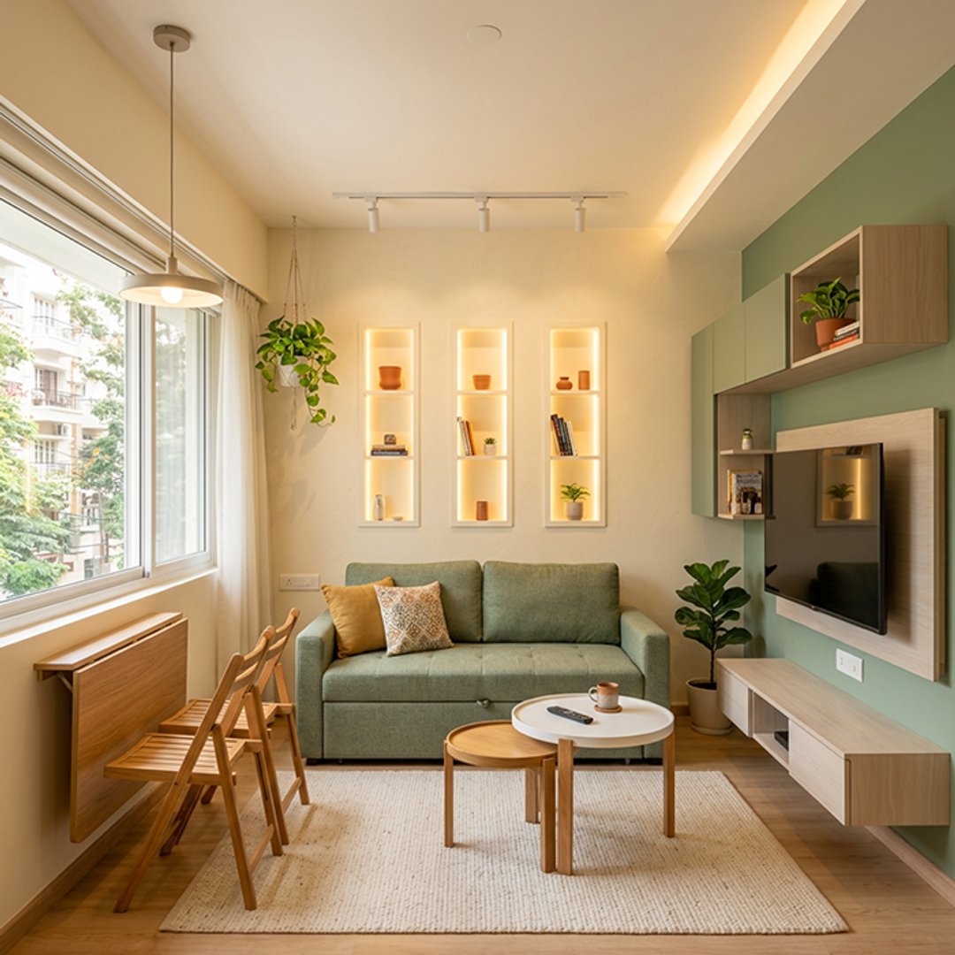 Scandinavian Living Room Design with Foldable Wall-Mounted Dining Set