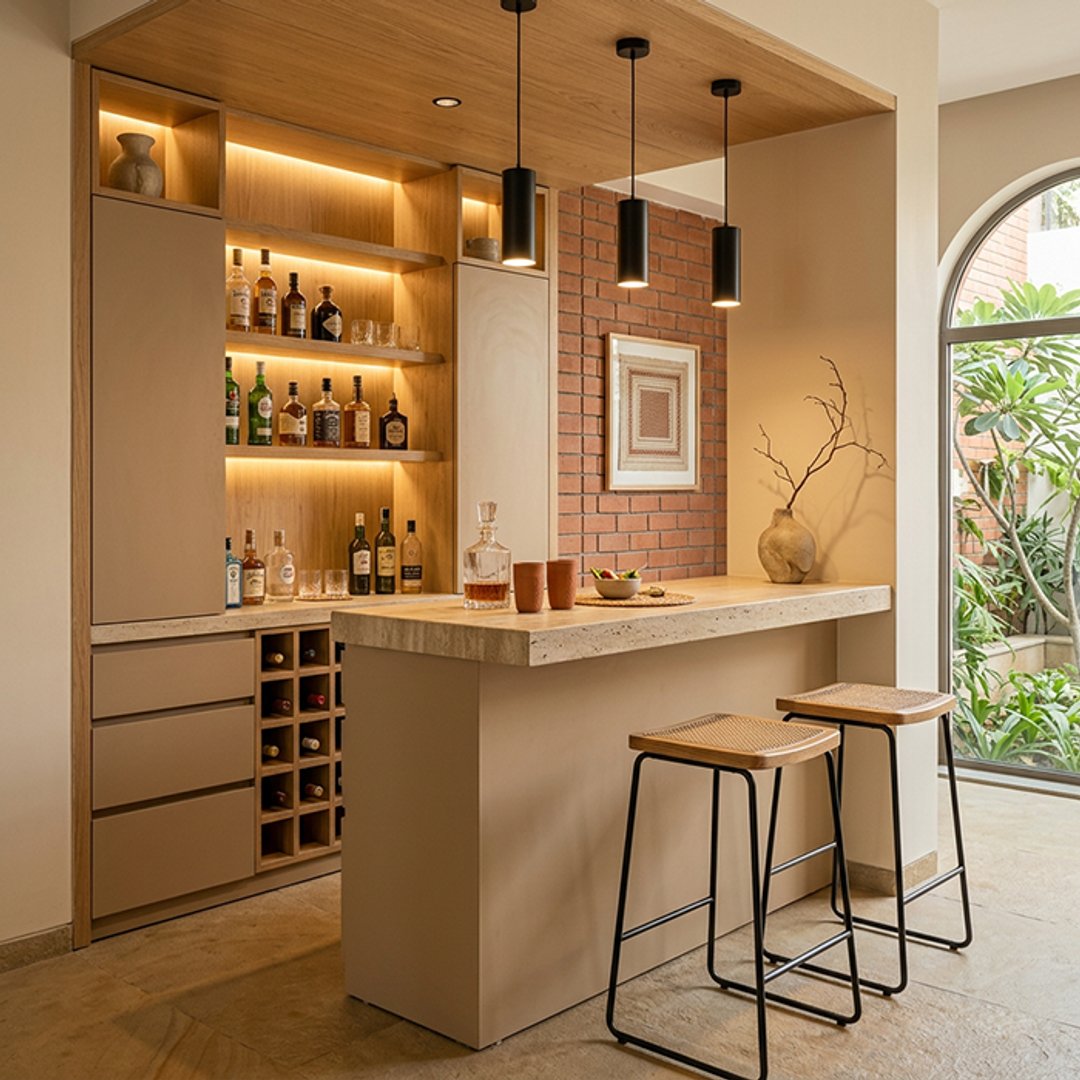 Modern Taupe and Wood Home Bar Design with Brick Accent Wall