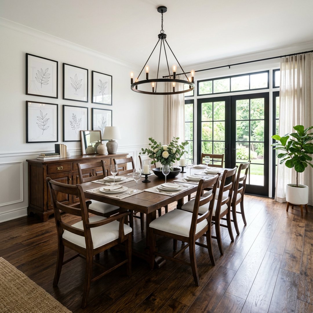 Classic Dining Room Design with Ladder Back Chairs and White Paneling