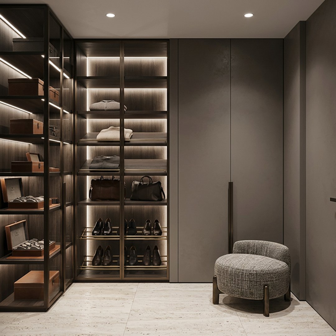6-Door Swing Wardrobe Design with Grey Finish and Tinted Glass Cabinets