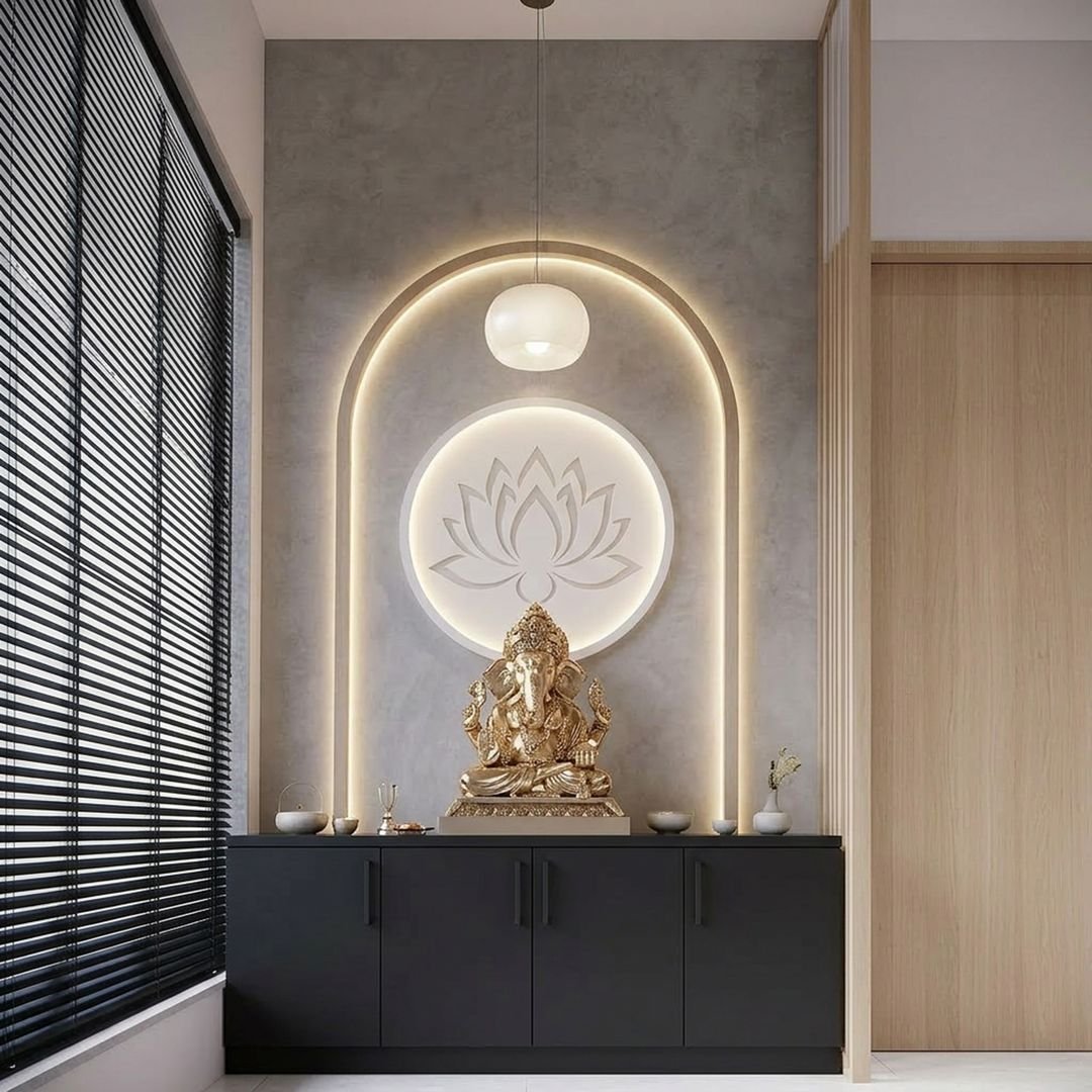 Contemporary Pooja Design with White Lotus Relief and Backlit Arched Niche