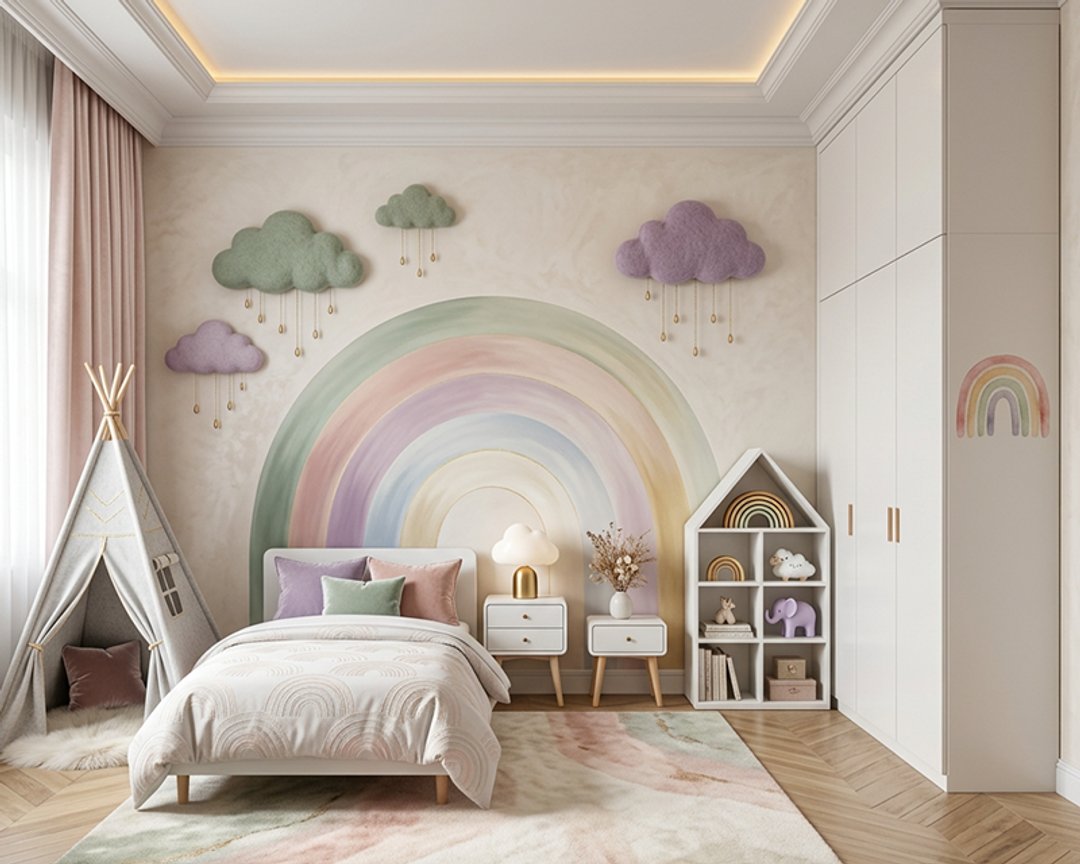 Contemporary Fairytale Kids Bedroom Design with Rainbow Mural and Cloud Decor