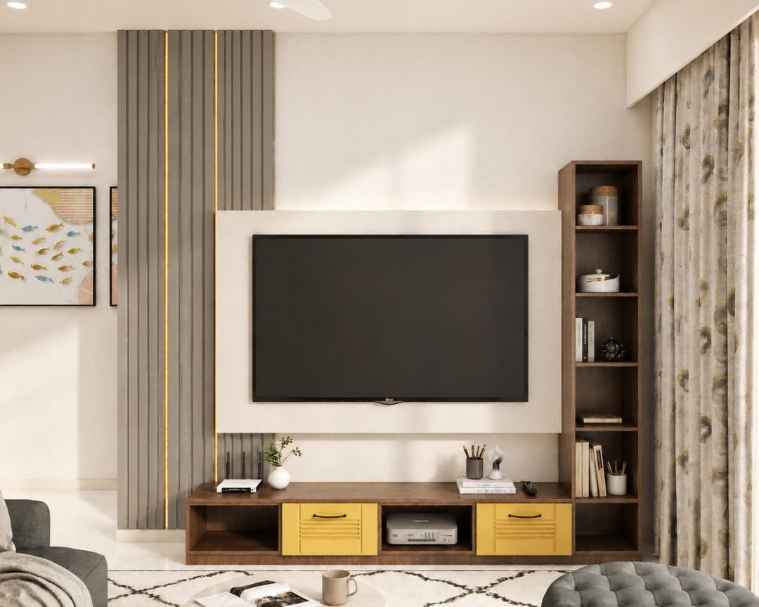 Contemporary Wood TV Unit Design with Tall Bookshelf and Fluted Panel