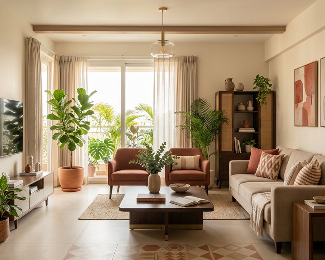 Boho Living Room Design with Rattan and Cane Display Cabinet