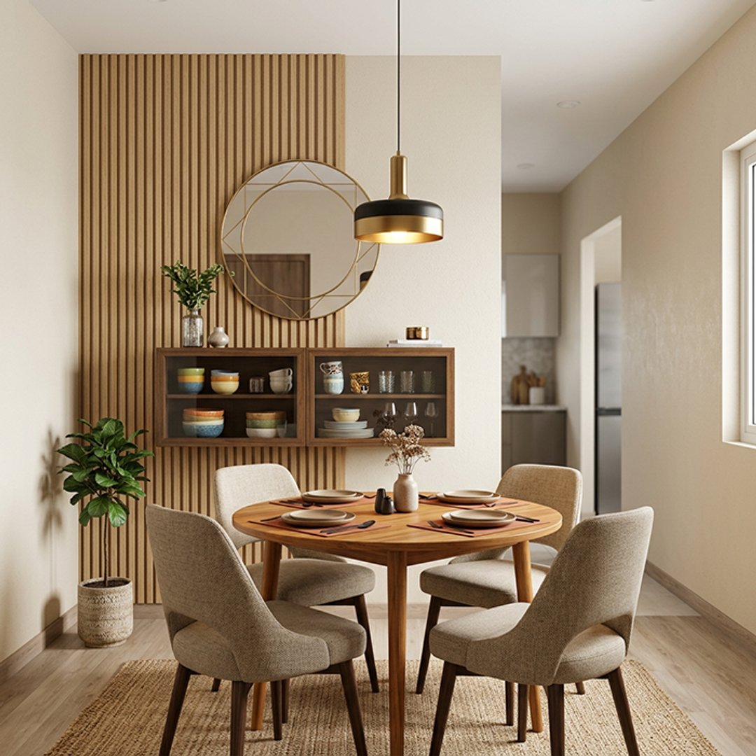 Scandinavian Dining Room Design with Fluted Wood Accent Wall and Round Mirror