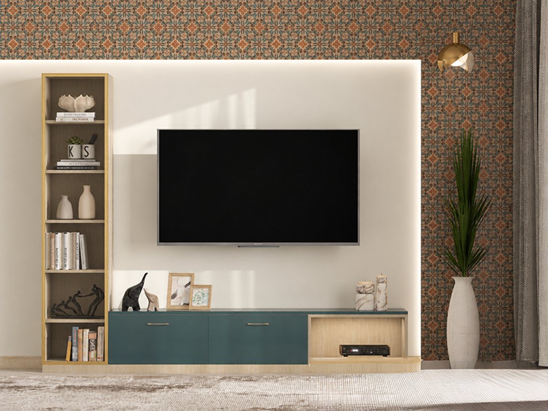 Contemporary Green TV Unit Design with Open Bookshelf and Backlit Wall Panel