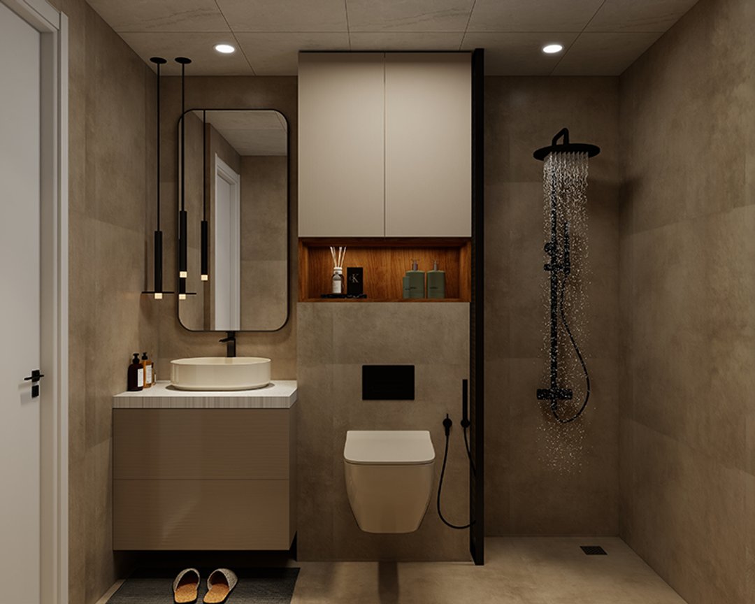 Modern Bathroom Design with Taupe Tiles and Open Niche Storage
