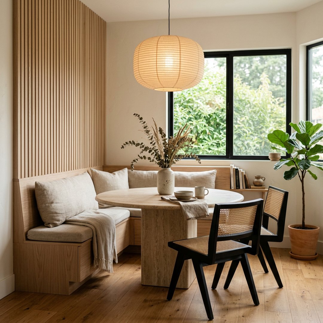 Scandinavian Banquette Dining Nook Design with Light Wood Slat Paneling