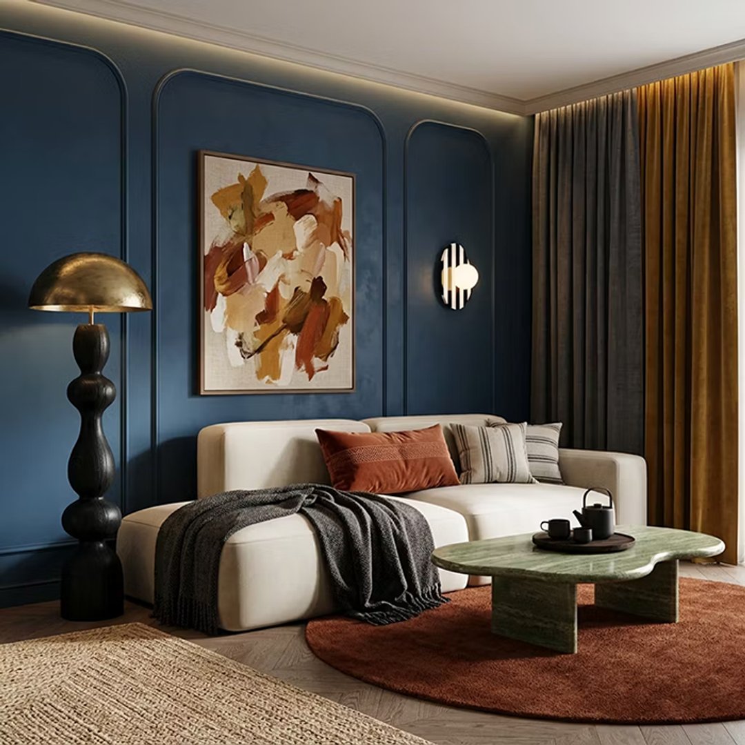 Modern Blue Wall Design with LED Strip Lighting and Rounded Arch Moulding