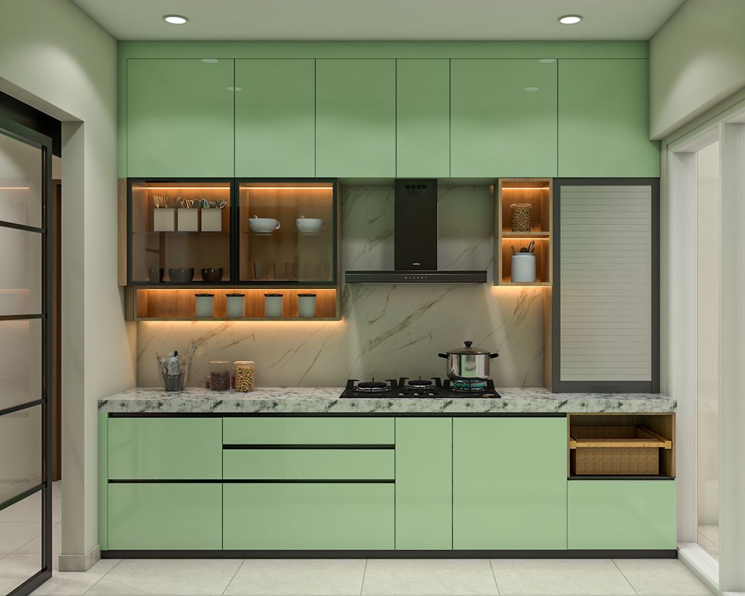 Contemporary Open Kitchen Design in Green and Wood