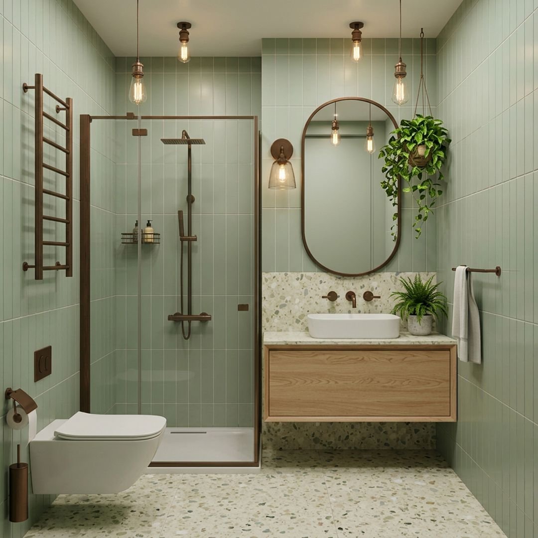 Sage Green Modern Bathroom Design with Bronze Arched Mirror and Rain Shower