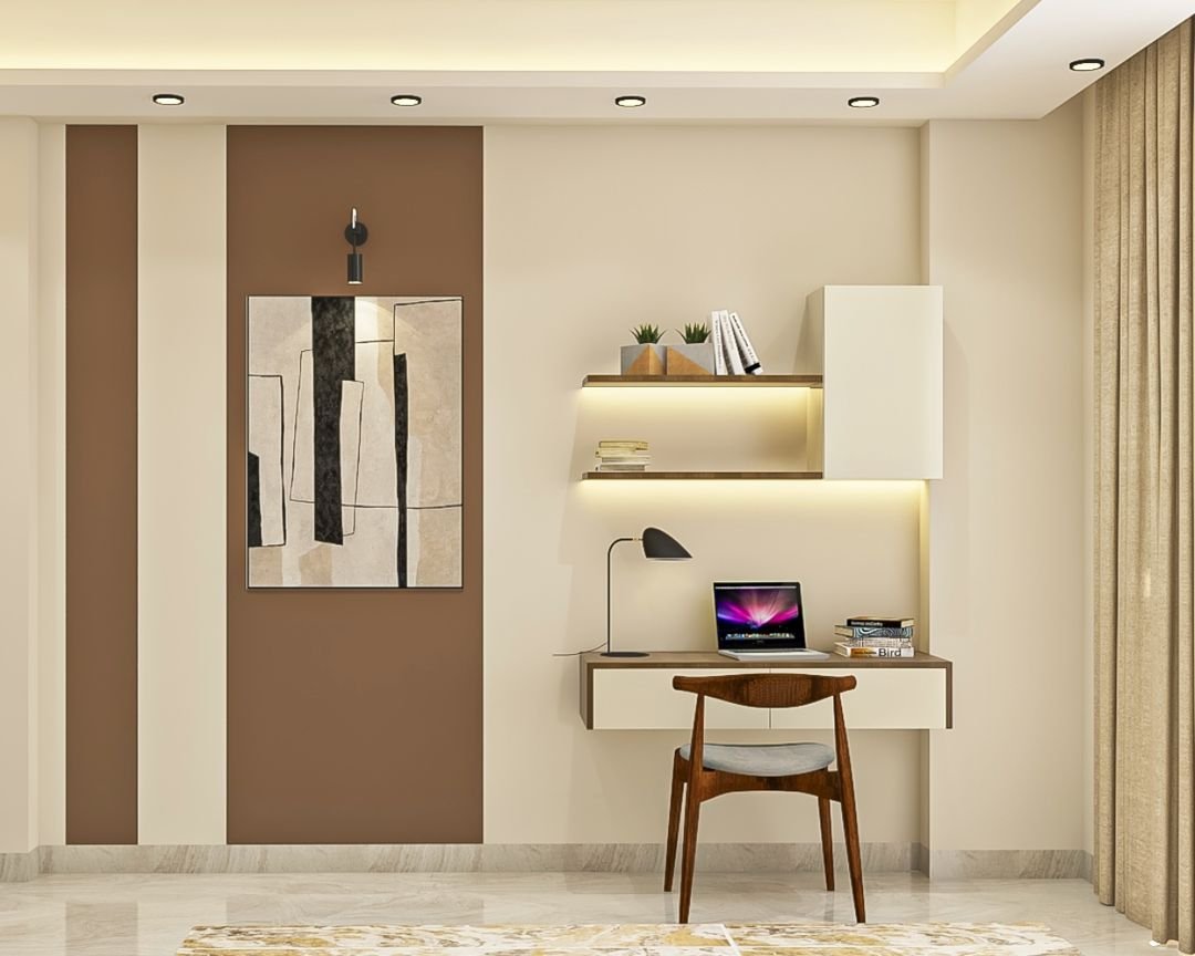 Modern Wood And Champagne-Toned Study Room Design With Armless Wooden Chair