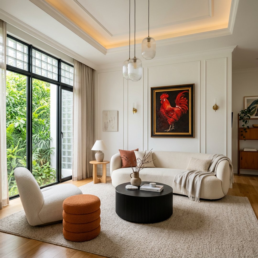 Contemporary Living Room Design with Curved Boucle Sofa and Rooster Art