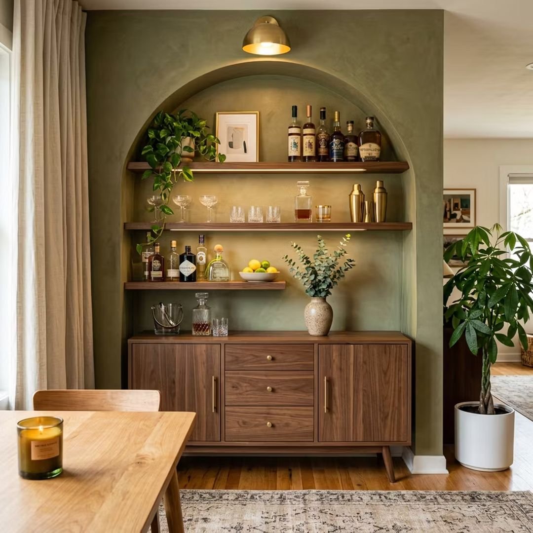 Mid-century Modern Home Bar Design with Floating Shelves and Credenza Base